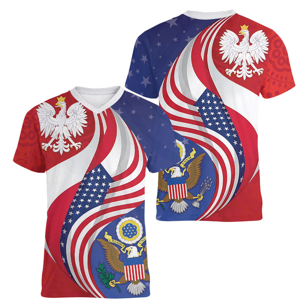 Poland American Heritage Month Women V-Neck T-Shirt Polish and American National Symbols