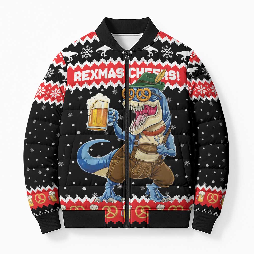 Personalized German T-Rex Christmas Bomber Puffer Jacket Funny Beer Dinosaur Xmas - Wonder Print Shop