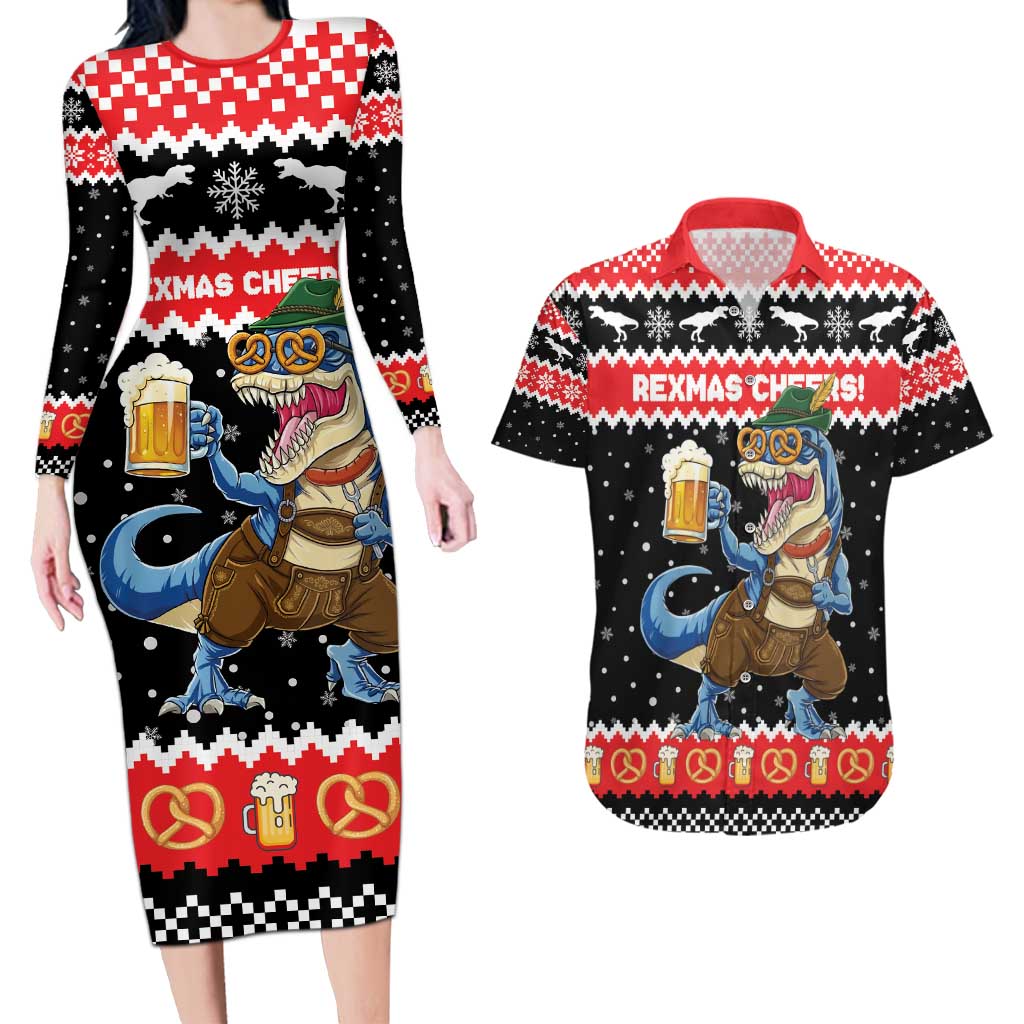 Personalized German T-Rex Christmas Couples Matching Long Sleeve Bodycon Dress and Hawaiian Shirt Funny Beer Dinosaur Xmas - Wonder Print Shop