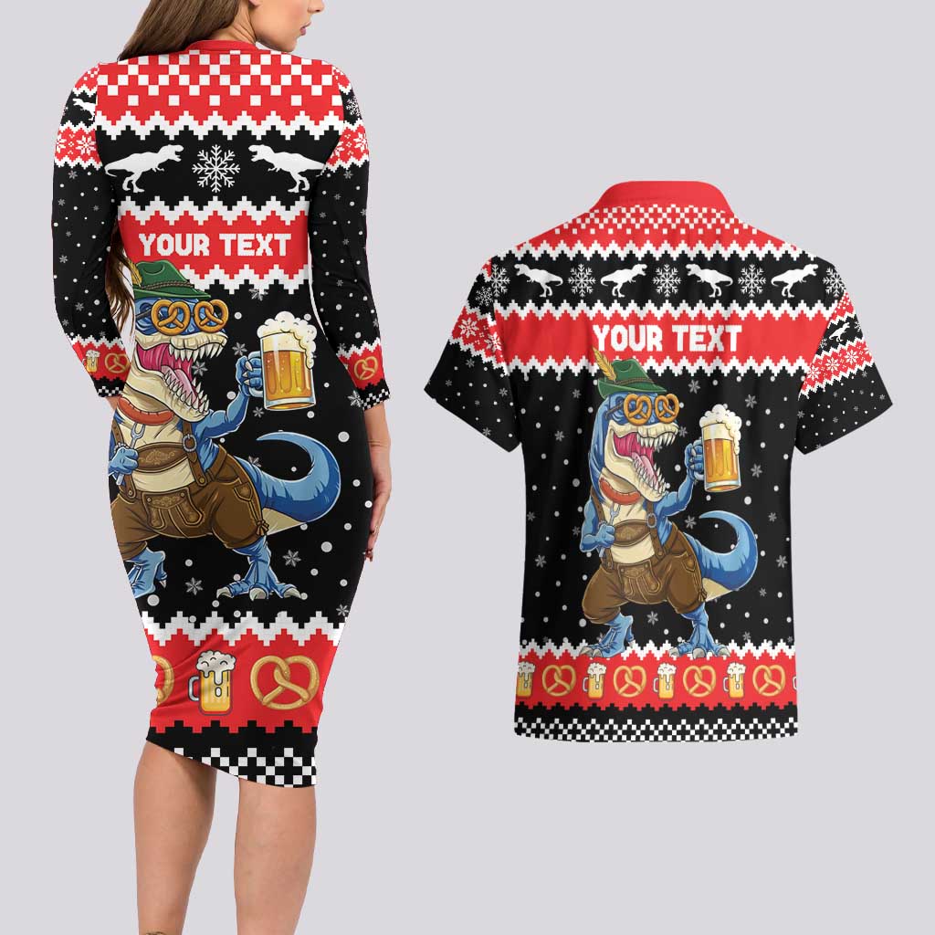 Personalized German T-Rex Christmas Couples Matching Long Sleeve Bodycon Dress and Hawaiian Shirt Funny Beer Dinosaur Xmas - Wonder Print Shop