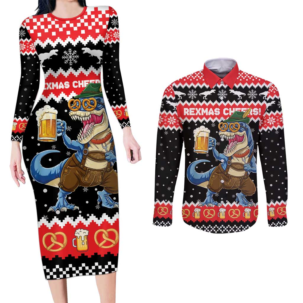 Personalized German T-Rex Christmas Couples Matching Long Sleeve Bodycon Dress and Long Sleeve Button Shirt Funny Beer Dinosaur Xmas - Wonder Print Shop