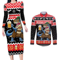 Personalized German T-Rex Christmas Couples Matching Long Sleeve Bodycon Dress and Long Sleeve Button Shirt Funny Beer Dinosaur Xmas - Wonder Print Shop