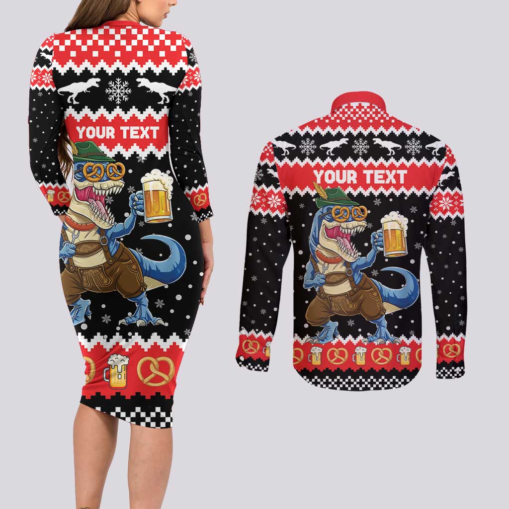 Personalized German T-Rex Christmas Couples Matching Long Sleeve Bodycon Dress and Long Sleeve Button Shirt Funny Beer Dinosaur Xmas - Wonder Print Shop