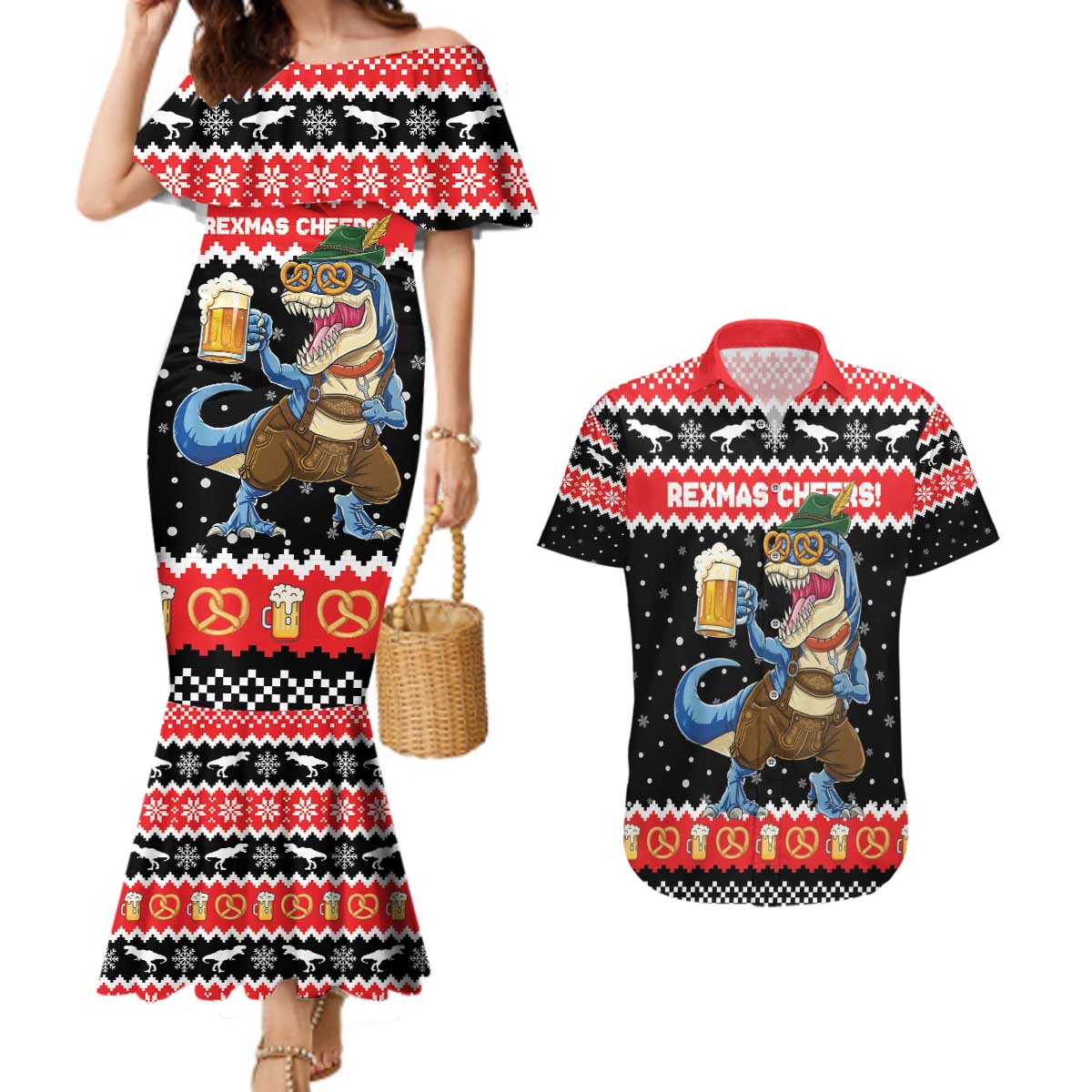 Personalized German T-Rex Christmas Couples Matching Mermaid Dress and Hawaiian Shirt Funny Beer Dinosaur Xmas - Wonder Print Shop