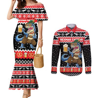 Personalized German T-Rex Christmas Couples Matching Mermaid Dress and Long Sleeve Button Shirt Funny Beer Dinosaur Xmas - Wonder Print Shop