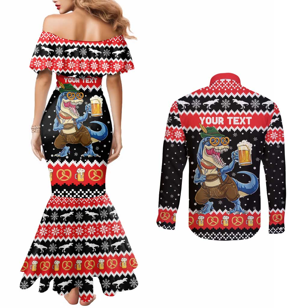 Personalized German T-Rex Christmas Couples Matching Mermaid Dress and Long Sleeve Button Shirt Funny Beer Dinosaur Xmas - Wonder Print Shop