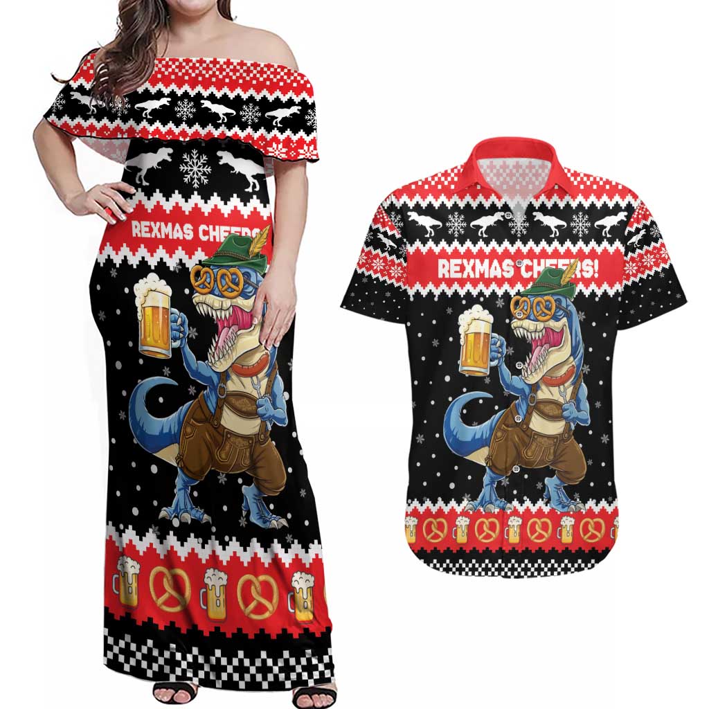 Personalized German T-Rex Christmas Couples Matching Off Shoulder Maxi Dress and Hawaiian Shirt Funny Beer Dinosaur Xmas - Wonder Print Shop