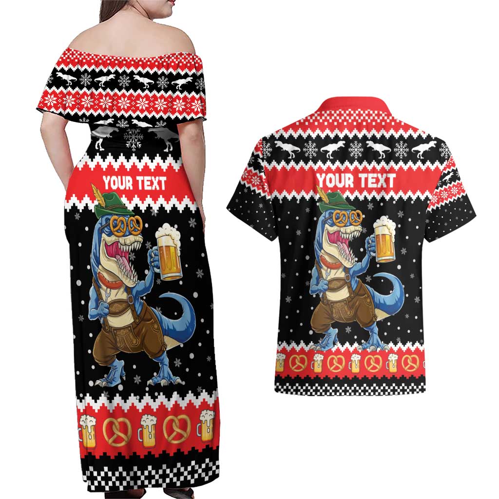 Personalized German T-Rex Christmas Couples Matching Off Shoulder Maxi Dress and Hawaiian Shirt Funny Beer Dinosaur Xmas - Wonder Print Shop