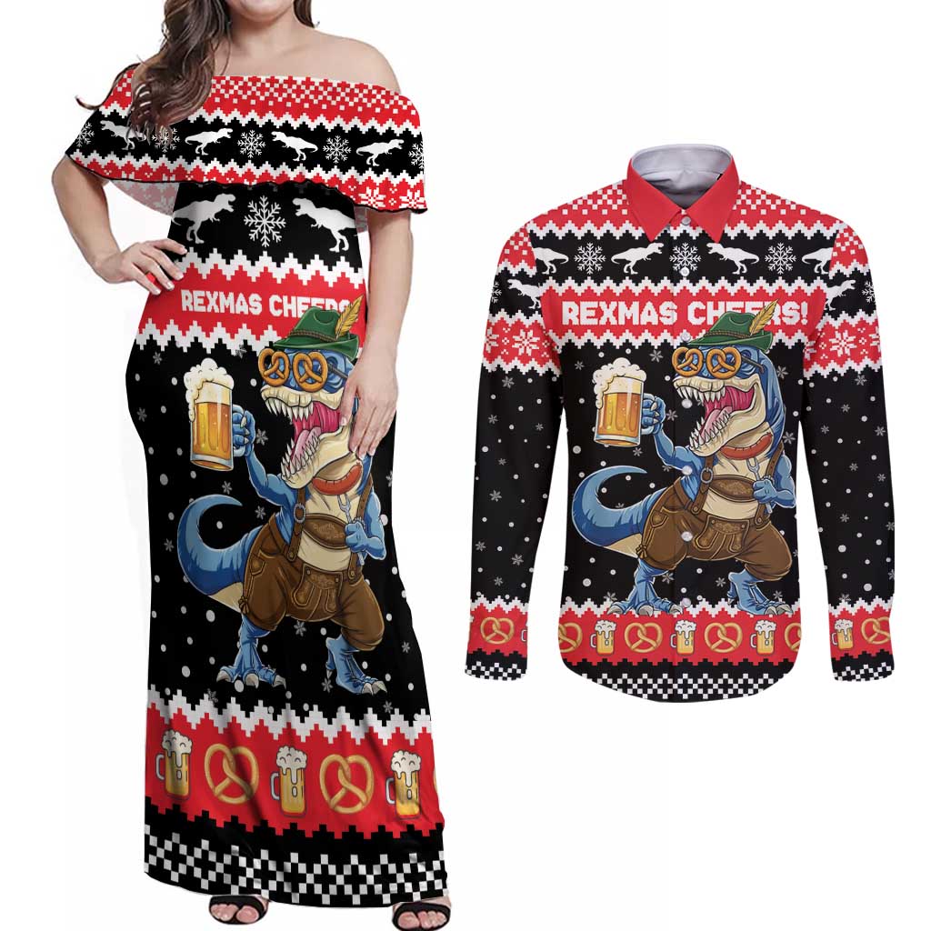 Personalized German T-Rex Christmas Couples Matching Off Shoulder Maxi Dress and Long Sleeve Button Shirt Funny Beer Dinosaur Xmas - Wonder Print Shop