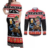 Personalized German T-Rex Christmas Couples Matching Off Shoulder Maxi Dress and Long Sleeve Button Shirt Funny Beer Dinosaur Xmas - Wonder Print Shop