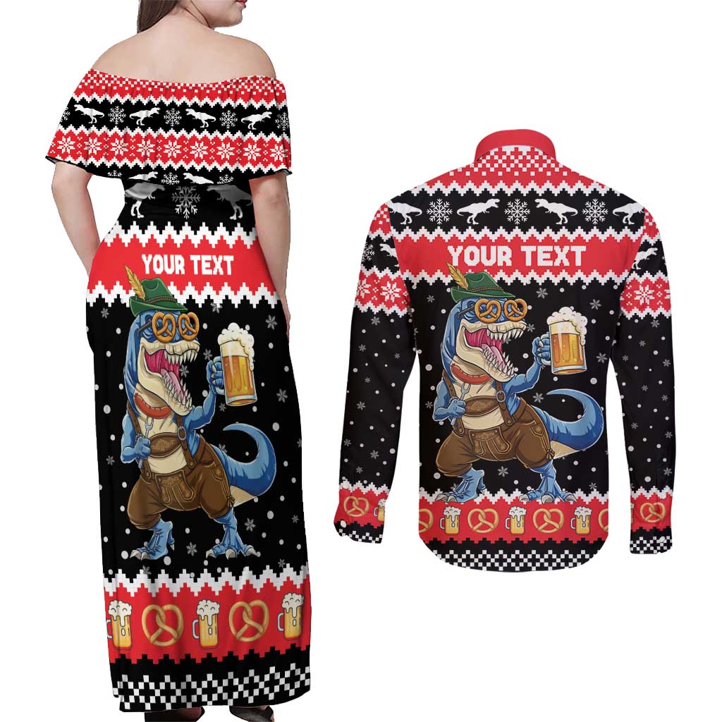 Personalized German T-Rex Christmas Couples Matching Off Shoulder Maxi Dress and Long Sleeve Button Shirt Funny Beer Dinosaur Xmas - Wonder Print Shop