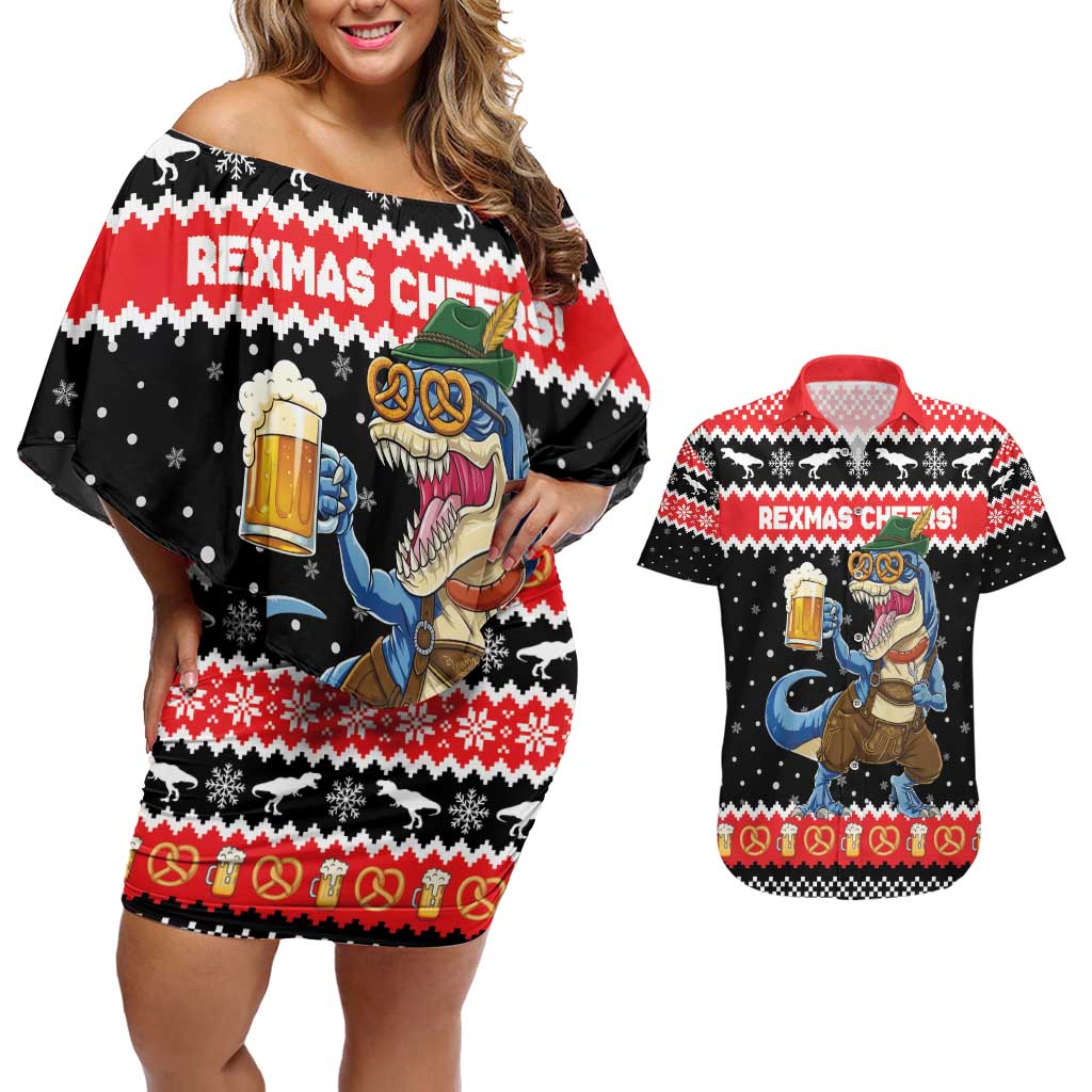 Personalized German T-Rex Christmas Couples Matching Off Shoulder Short Dress and Hawaiian Shirt Funny Beer Dinosaur Xmas - Wonder Print Shop