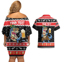 Personalized German T-Rex Christmas Couples Matching Off Shoulder Short Dress and Hawaiian Shirt Funny Beer Dinosaur Xmas - Wonder Print Shop