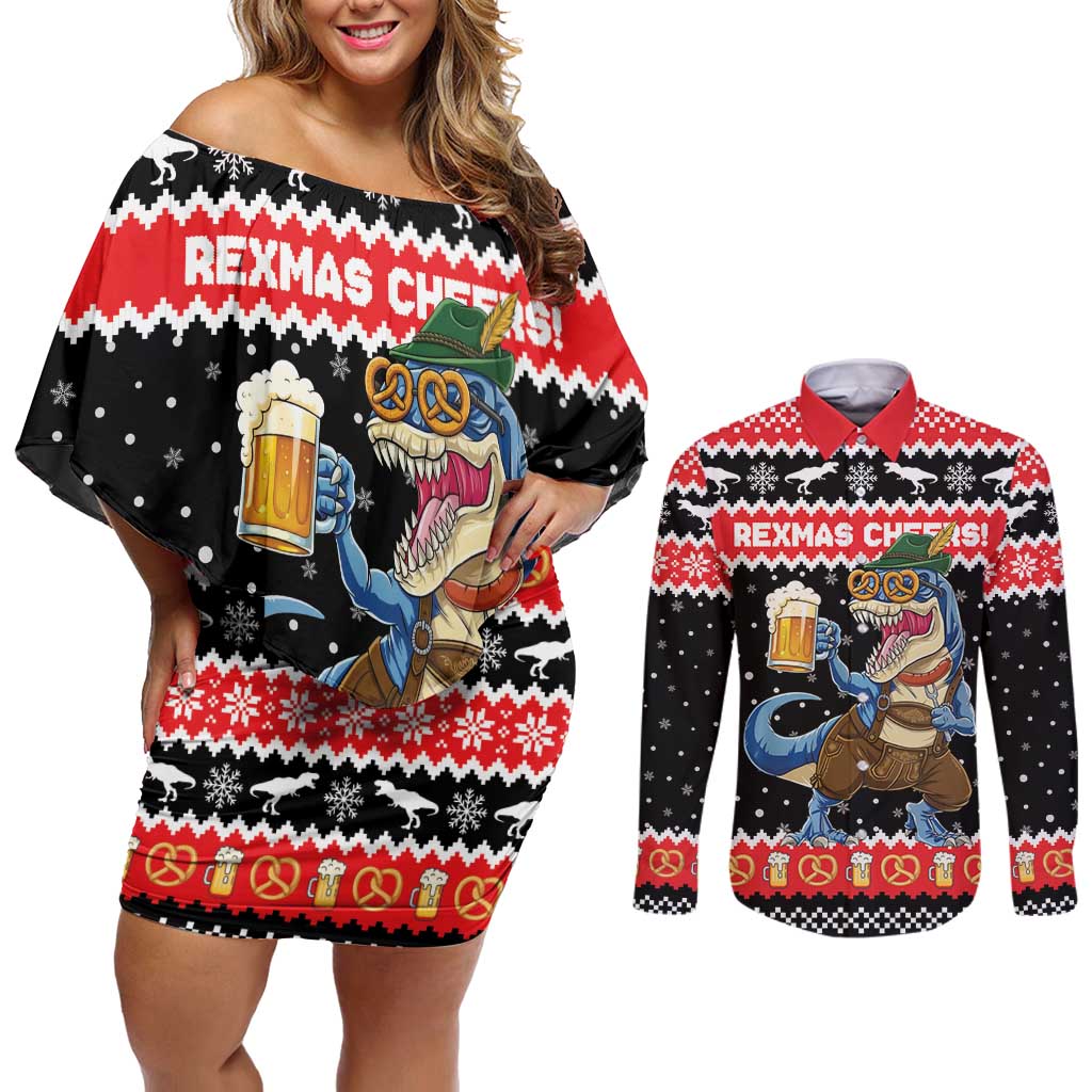 Personalized German T-Rex Christmas Couples Matching Off Shoulder Short Dress and Long Sleeve Button Shirt Funny Beer Dinosaur Xmas - Wonder Print Shop
