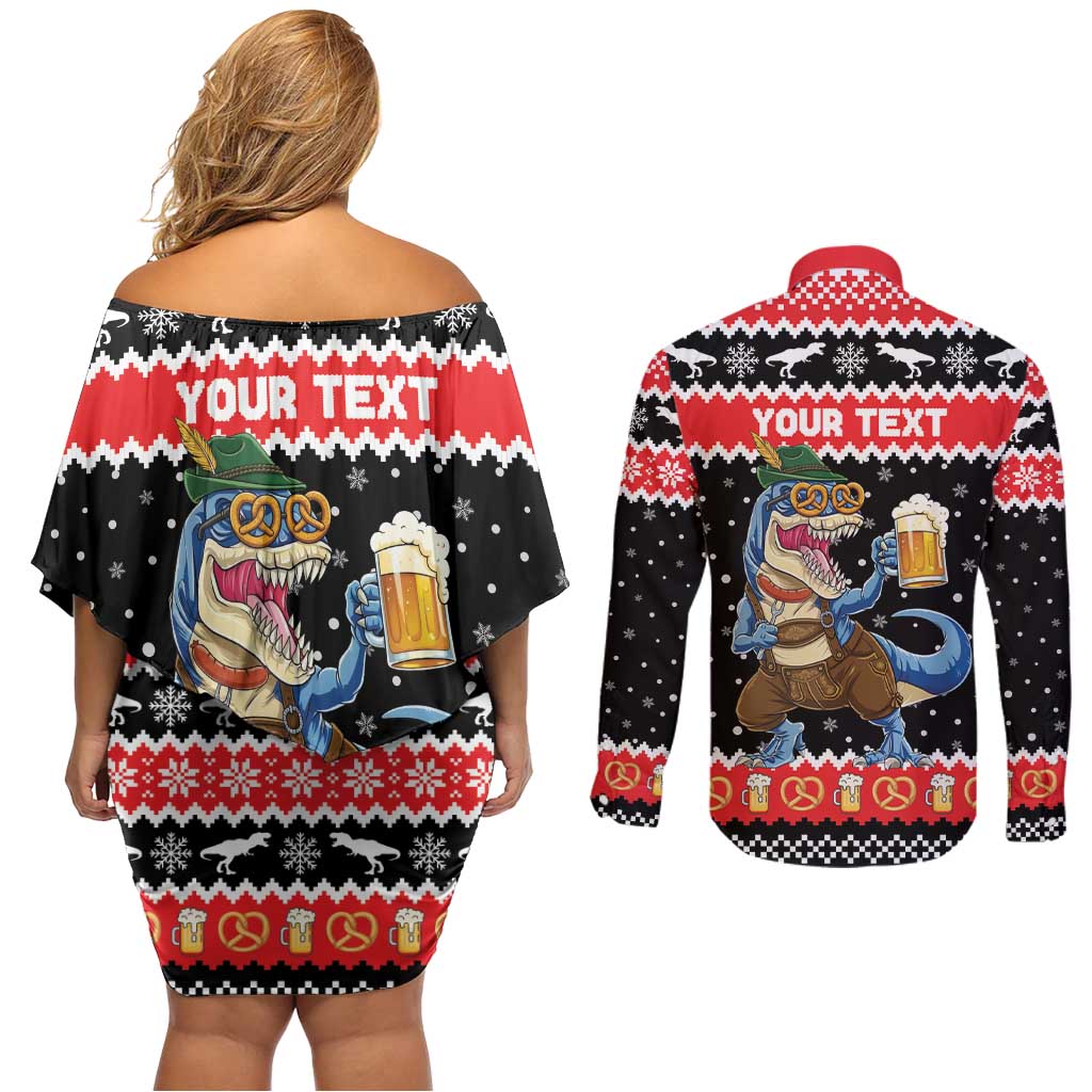 Personalized German T-Rex Christmas Couples Matching Off Shoulder Short Dress and Long Sleeve Button Shirt Funny Beer Dinosaur Xmas - Wonder Print Shop