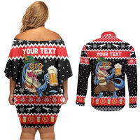 Personalized German T-Rex Christmas Couples Matching Off Shoulder Short Dress and Long Sleeve Button Shirt Funny Beer Dinosaur Xmas - Wonder Print Shop