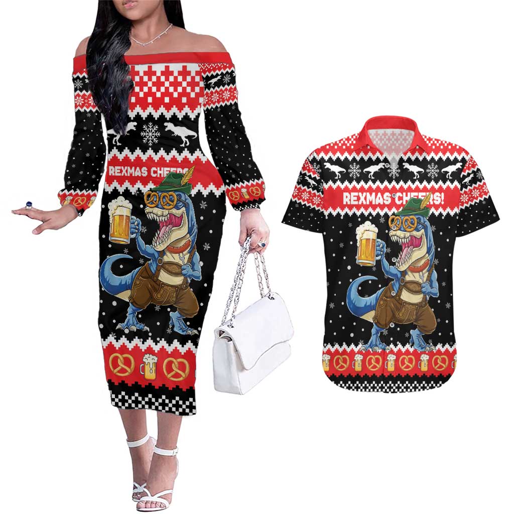 Personalized German T-Rex Christmas Couples Matching Off The Shoulder Long Sleeve Dress and Hawaiian Shirt Funny Beer Dinosaur Xmas - Wonder Print Shop