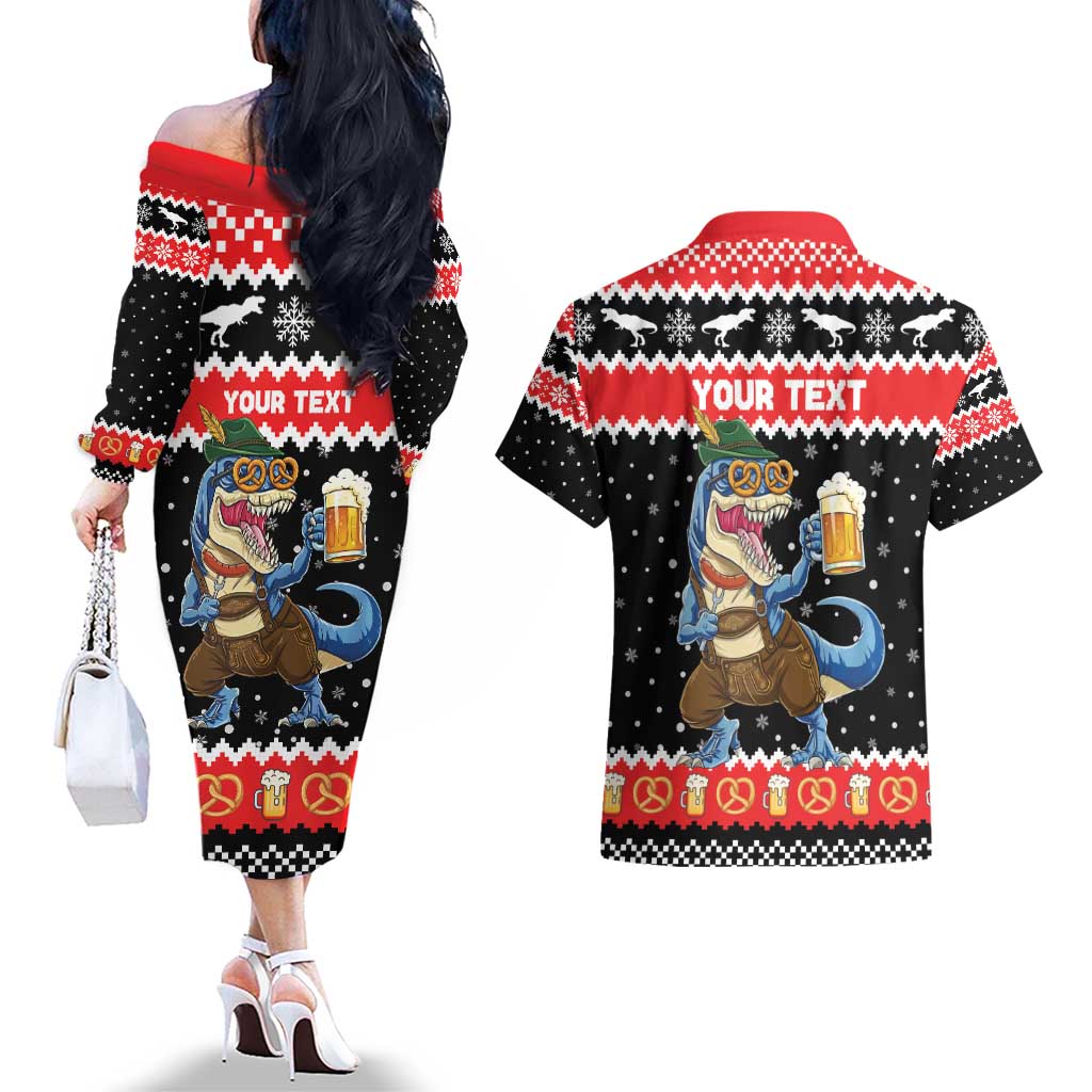 Personalized German T-Rex Christmas Couples Matching Off The Shoulder Long Sleeve Dress and Hawaiian Shirt Funny Beer Dinosaur Xmas - Wonder Print Shop