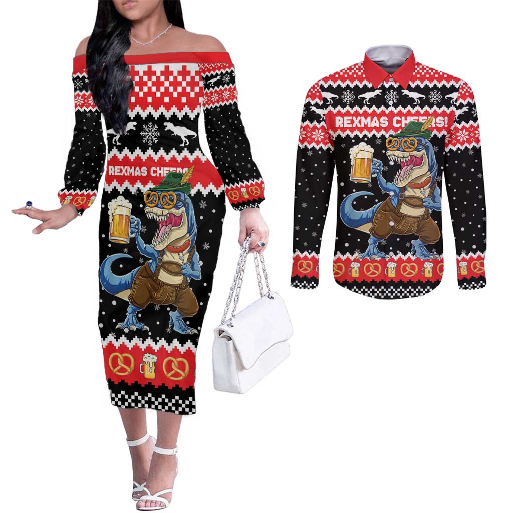 Personalized German T-Rex Christmas Couples Matching Off The Shoulder Long Sleeve Dress and Long Sleeve Button Shirt Funny Beer Dinosaur Xmas - Wonder Print Shop