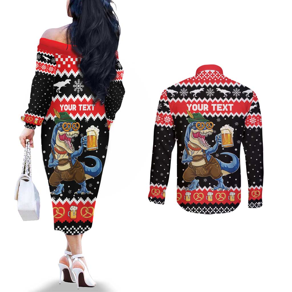 Personalized German T-Rex Christmas Couples Matching Off The Shoulder Long Sleeve Dress and Long Sleeve Button Shirt Funny Beer Dinosaur Xmas - Wonder Print Shop