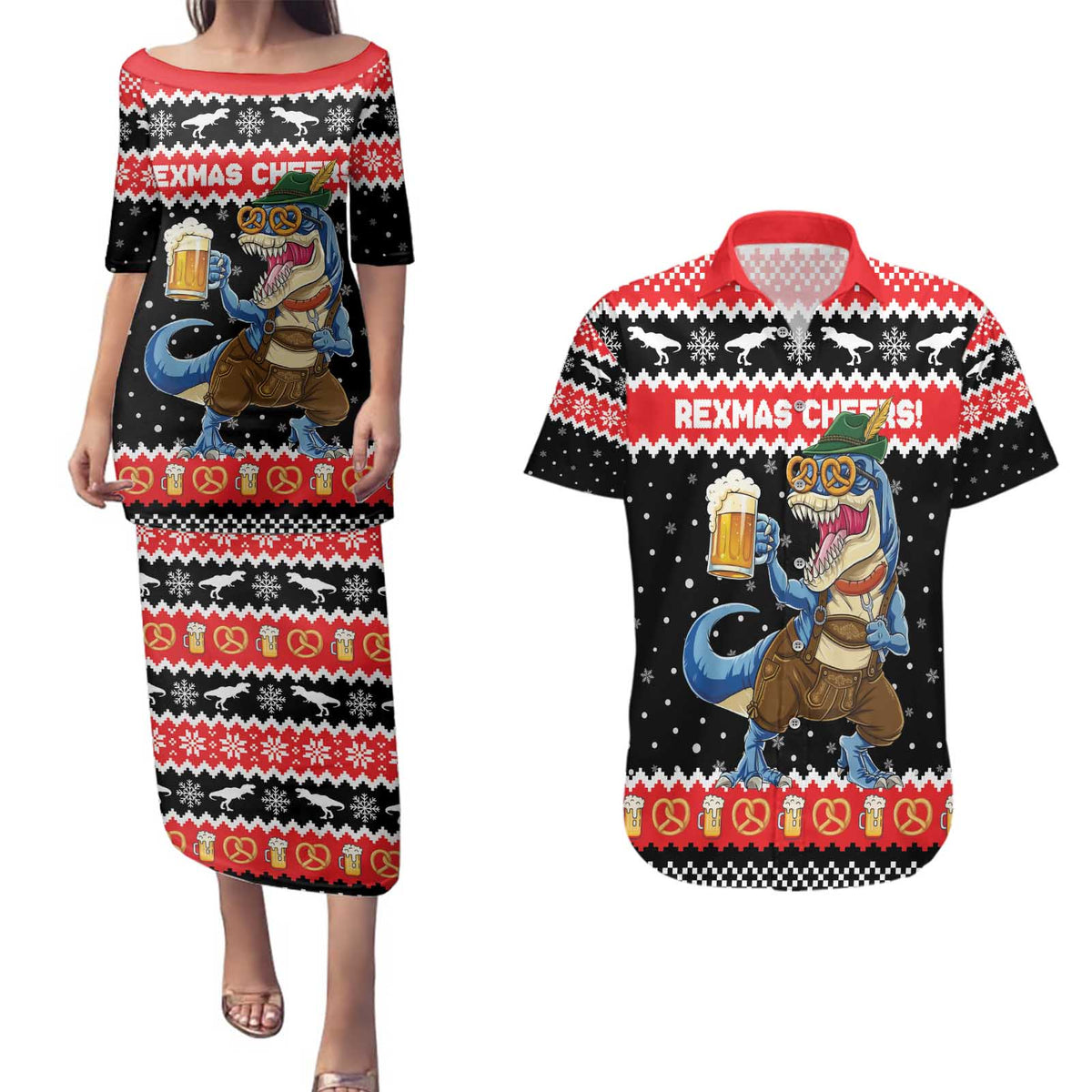 Personalized German T-Rex Christmas Couples Matching Puletasi and Hawaiian Shirt Funny Beer Dinosaur Xmas - Wonder Print Shop