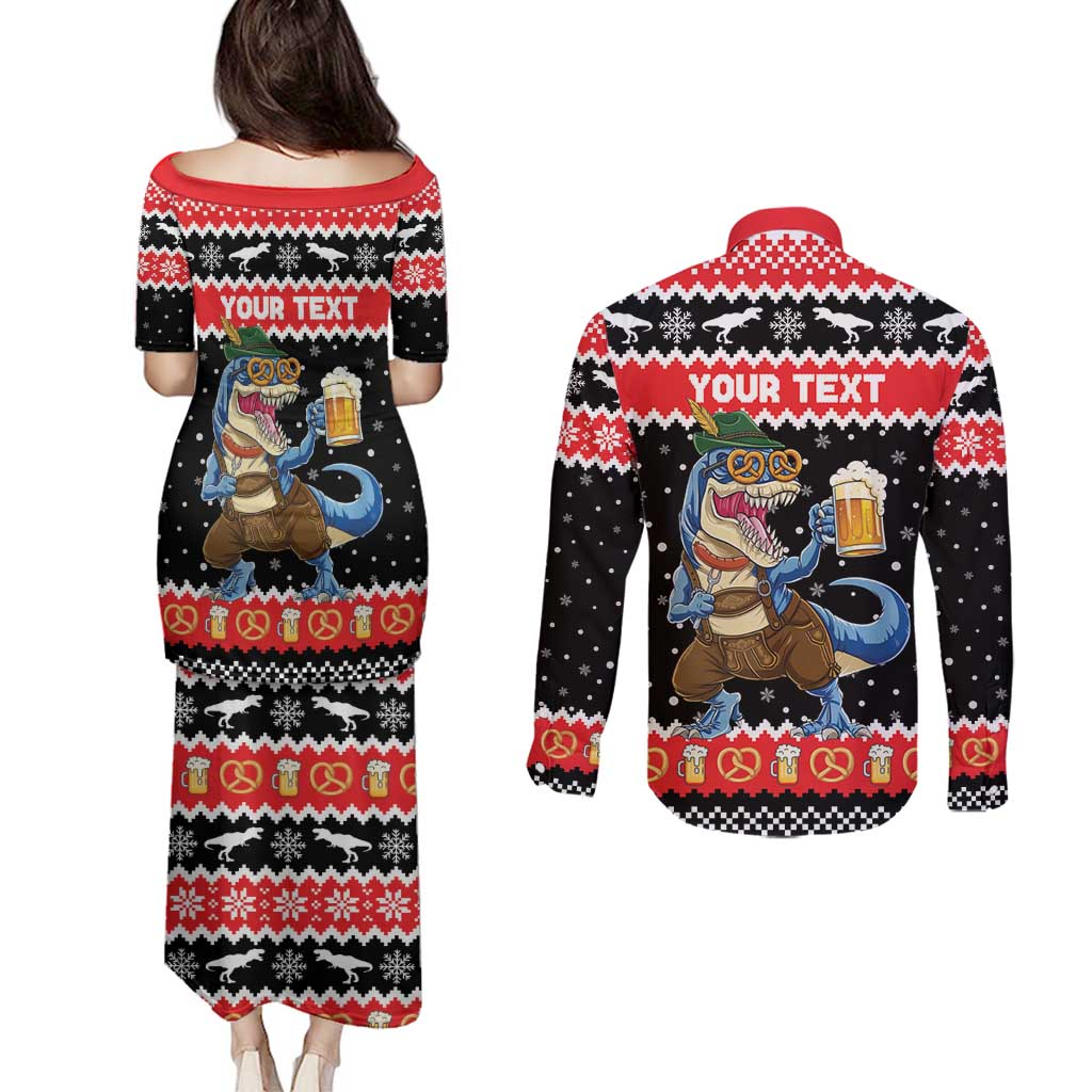 Personalized German T-Rex Christmas Couples Matching Puletasi and Long Sleeve Button Shirt Funny Beer Dinosaur Xmas - Wonder Print Shop