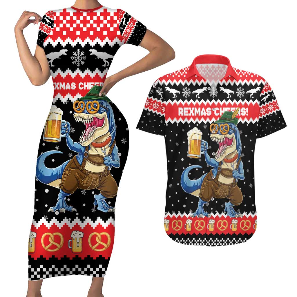 Personalized German T-Rex Christmas Couples Matching Short Sleeve Bodycon Dress and Hawaiian Shirt Funny Beer Dinosaur Xmas - Wonder Print Shop