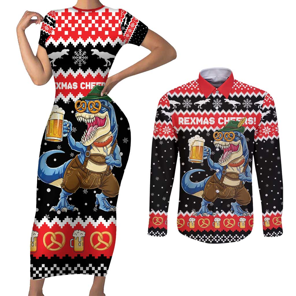 Personalized German T-Rex Christmas Couples Matching Short Sleeve Bodycon Dress and Long Sleeve Button Shirt Funny Beer Dinosaur Xmas - Wonder Print Shop