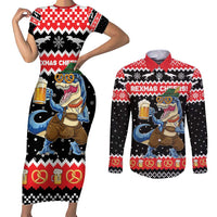 Personalized German T-Rex Christmas Couples Matching Short Sleeve Bodycon Dress and Long Sleeve Button Shirt Funny Beer Dinosaur Xmas - Wonder Print Shop