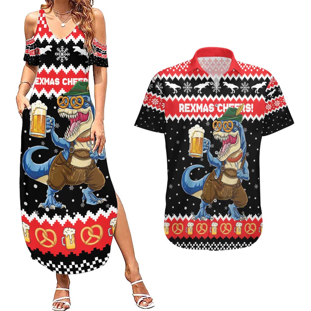 Personalized German T-Rex Christmas Couples Matching Summer Maxi Dress and Hawaiian Shirt Funny Beer Dinosaur Xmas - Wonder Print Shop