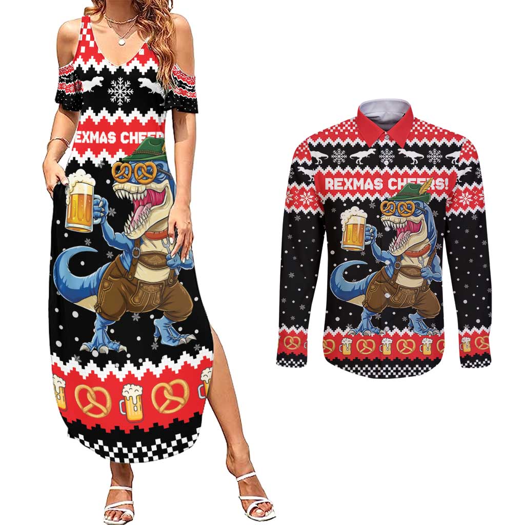 Personalized German T-Rex Christmas Couples Matching Summer Maxi Dress and Long Sleeve Button Shirt Funny Beer Dinosaur Xmas - Wonder Print Shop