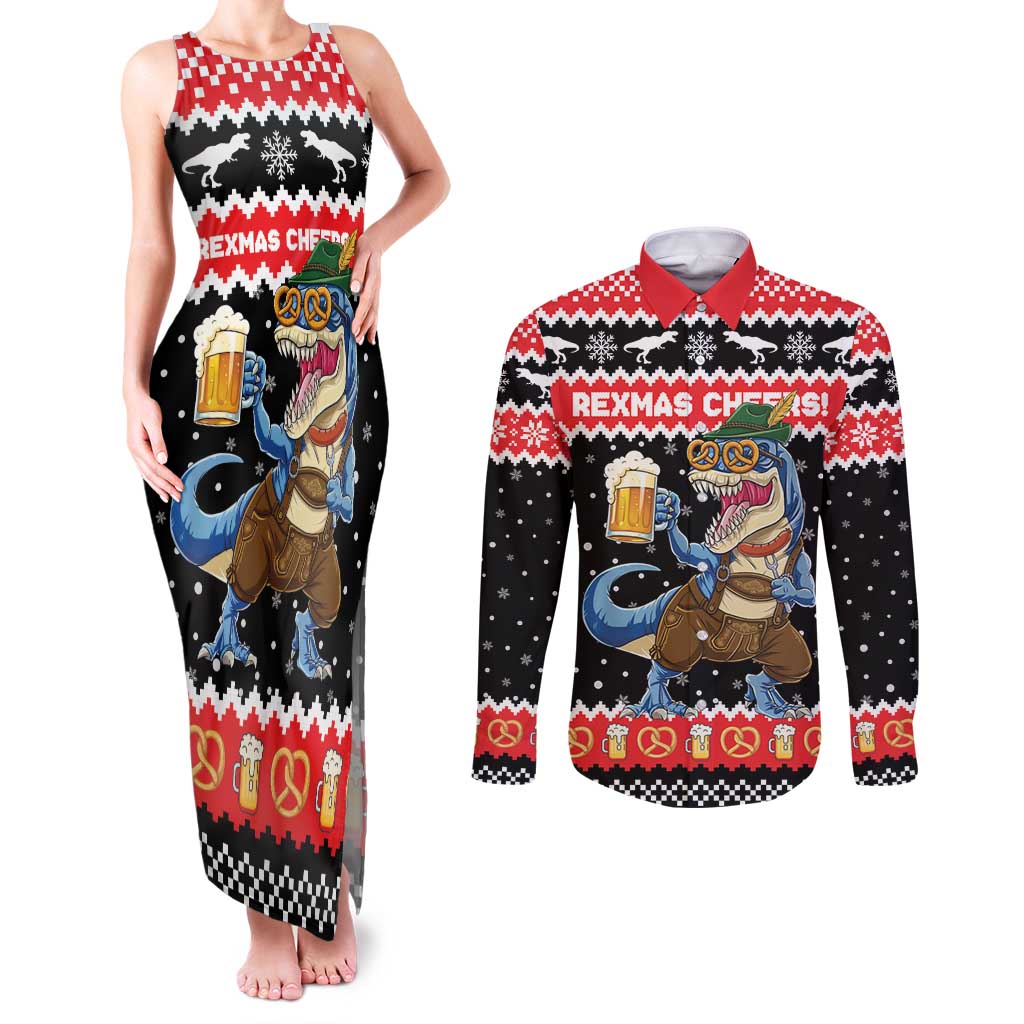 Personalized German T-Rex Christmas Couples Matching Tank Maxi Dress and Long Sleeve Button Shirt Funny Beer Dinosaur Xmas - Wonder Print Shop