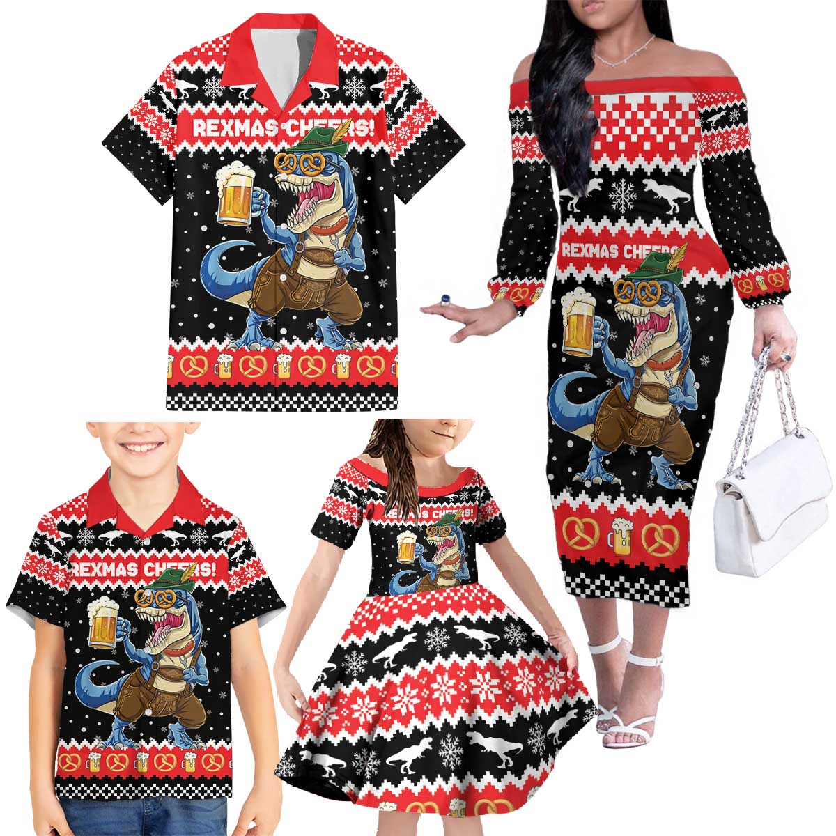 Personalized German T-Rex Christmas Family Matching Off The Shoulder Long Sleeve Dress and Hawaiian Shirt Funny Beer Dinosaur Xmas - Wonder Print Shop