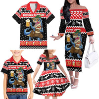 Personalized German T-Rex Christmas Family Matching Off The Shoulder Long Sleeve Dress and Hawaiian Shirt Funny Beer Dinosaur Xmas - Wonder Print Shop