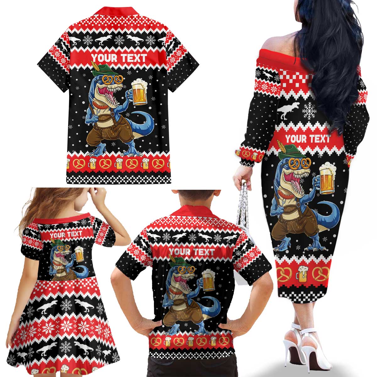 Personalized German T-Rex Christmas Family Matching Off The Shoulder Long Sleeve Dress and Hawaiian Shirt Funny Beer Dinosaur Xmas - Wonder Print Shop