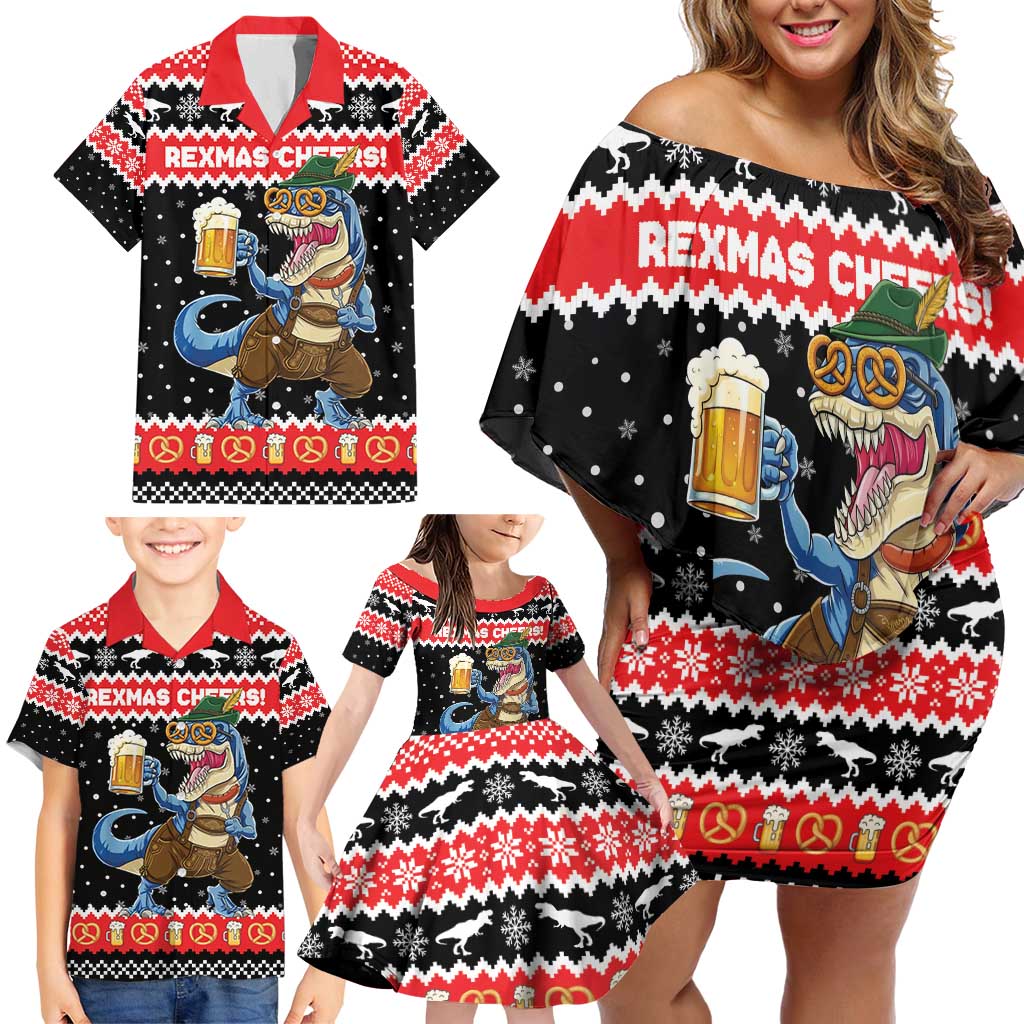 Personalized German T-Rex Christmas Family Matching Off Shoulder Short Dress and Hawaiian Shirt Funny Beer Dinosaur Xmas - Wonder Print Shop