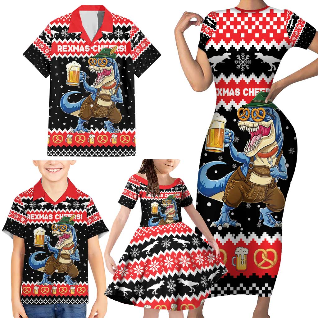 Personalized German T-Rex Christmas Family Matching Short Sleeve Bodycon Dress and Hawaiian Shirt Funny Beer Dinosaur Xmas - Wonder Print Shop