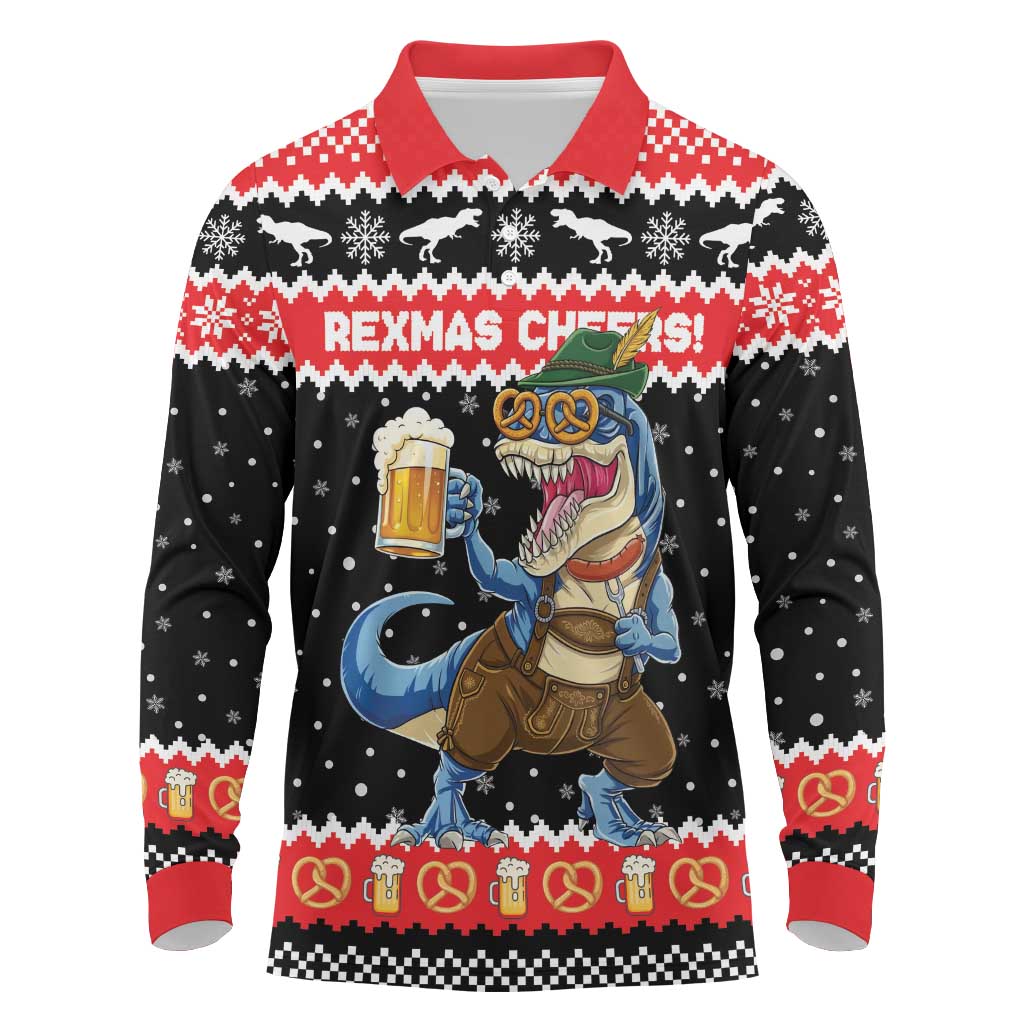 Personalized German T-Rex Christmas Long Sleeve Polo Shirt Funny Beer Dinosaur Xmas - Wonder Print Shop