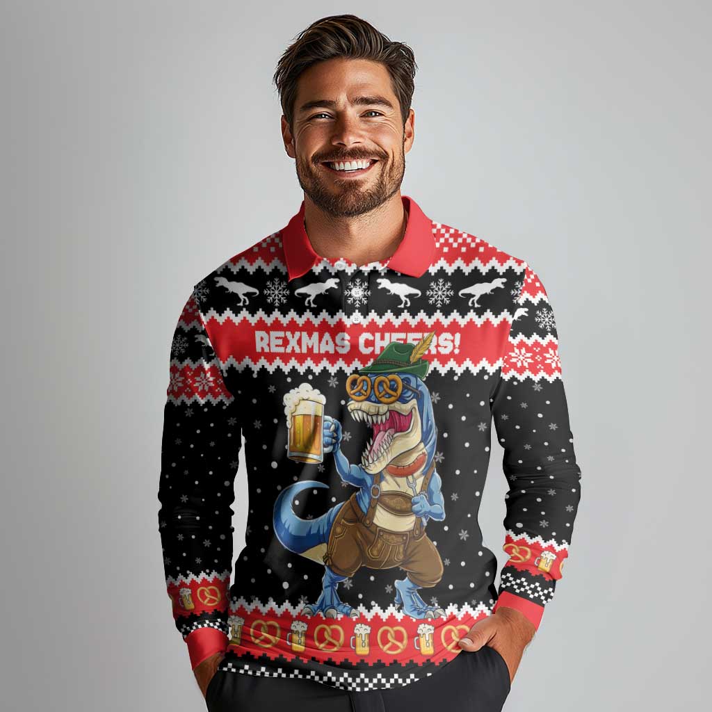 Personalized German T-Rex Christmas Long Sleeve Polo Shirt Funny Beer Dinosaur Xmas - Wonder Print Shop