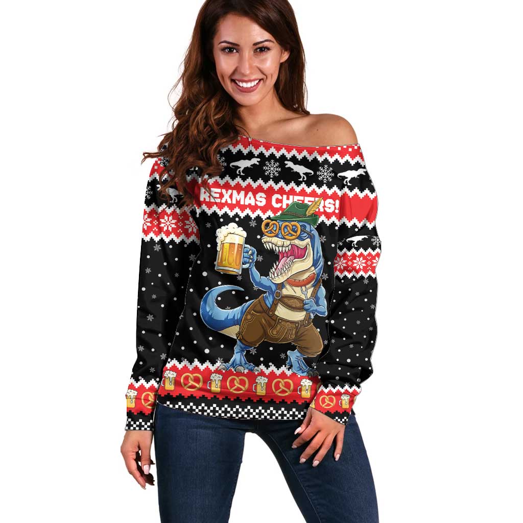 Personalized German T-Rex Christmas Off Shoulder Sweater Funny Beer Dinosaur Xmas - Wonder Print Shop