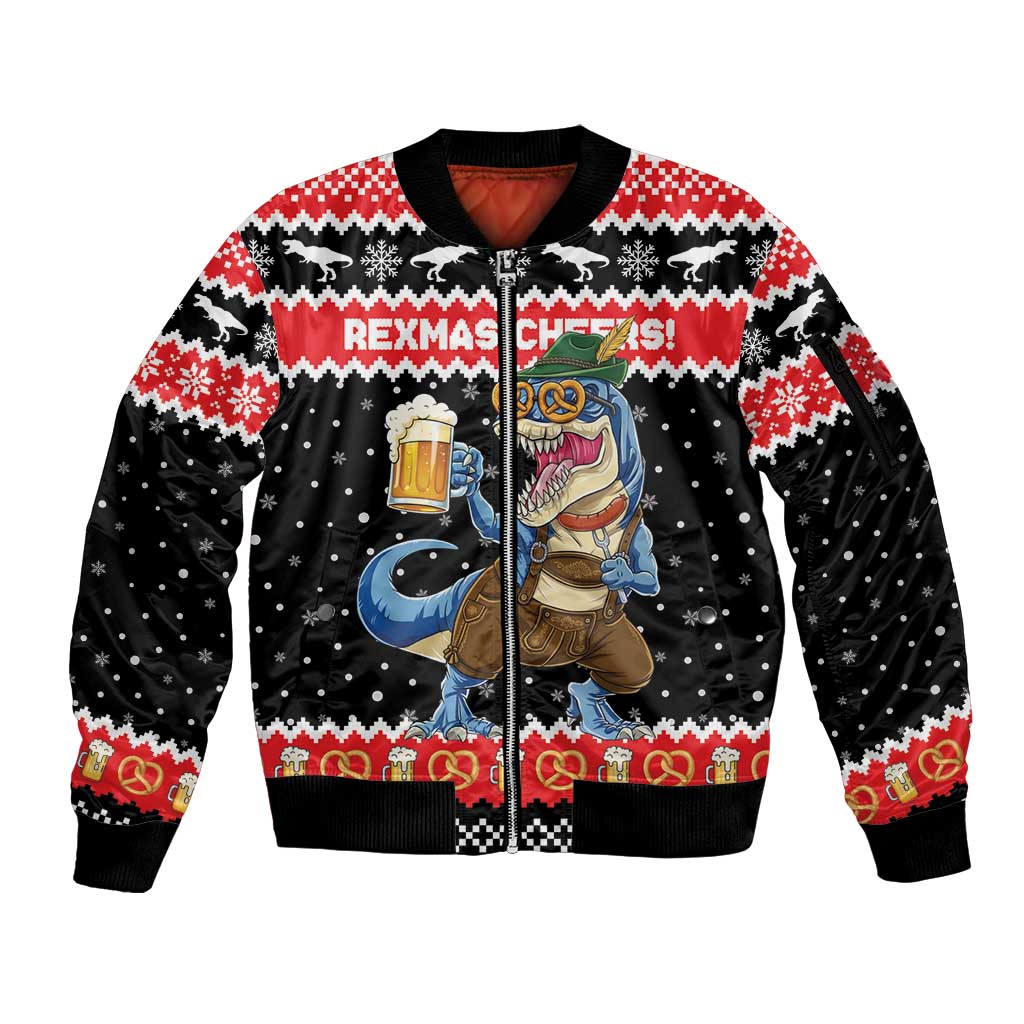 Personalized German T-Rex Christmas Sleeve Zip Bomber Jacket Funny Beer Dinosaur Xmas - Wonder Print Shop