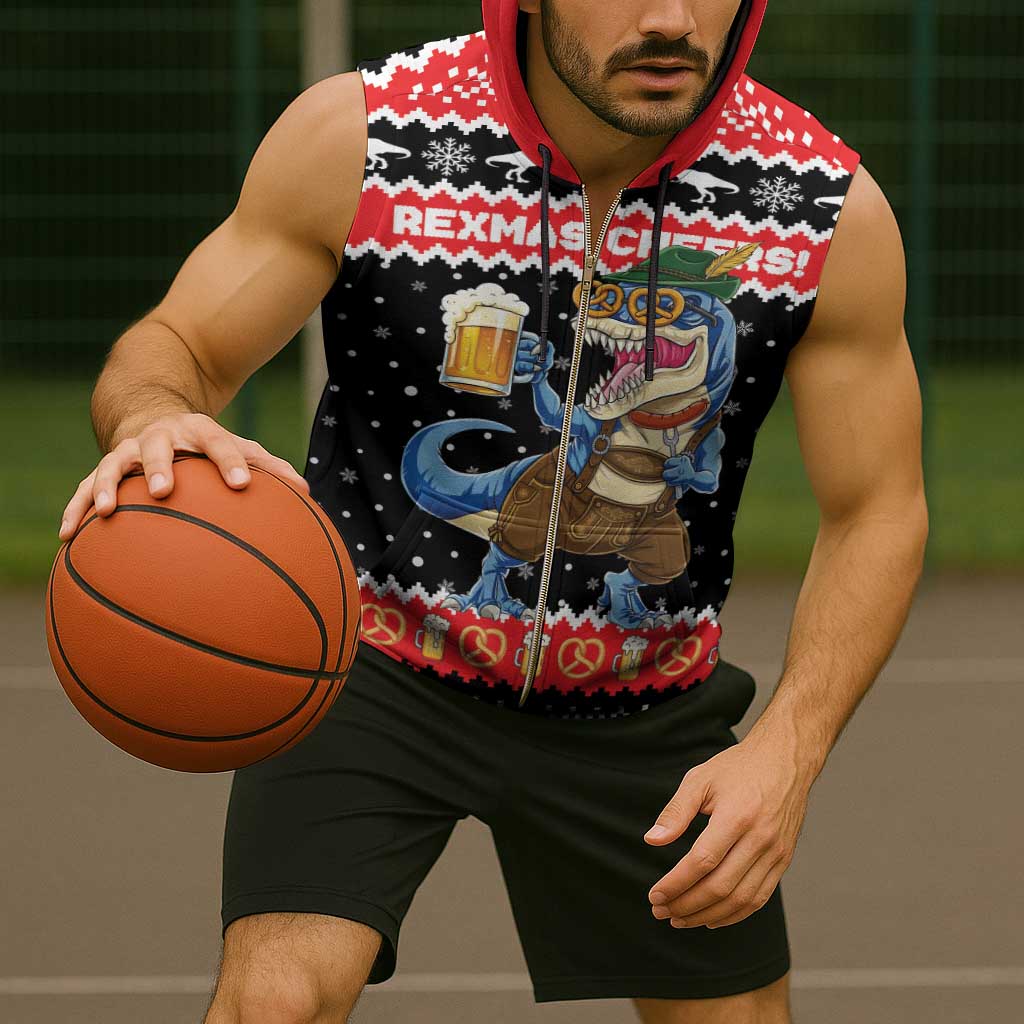 Personalized German T-Rex Christmas Sleeveless Zip Hoodie Funny Beer Dinosaur Xmas - Wonder Print Shop