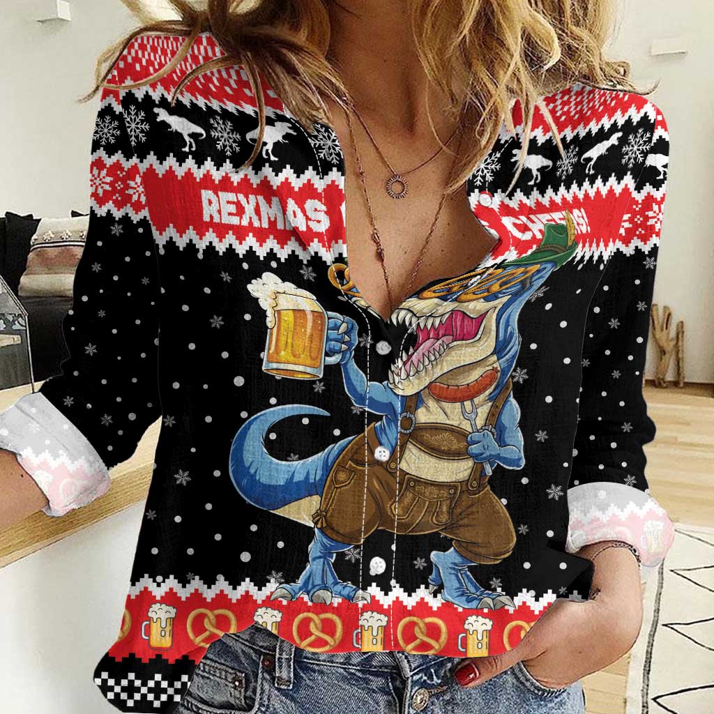 Personalized German T-Rex Christmas Women Casual Shirt Funny Beer Dinosaur Xmas - Wonder Print Shop