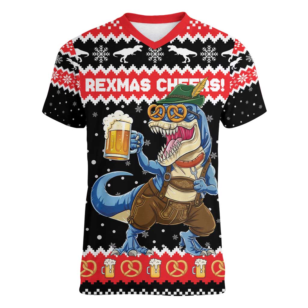 Personalized German T-Rex Christmas Women V-Neck T-Shirt Funny Beer Dinosaur Xmas - Wonder Print Shop