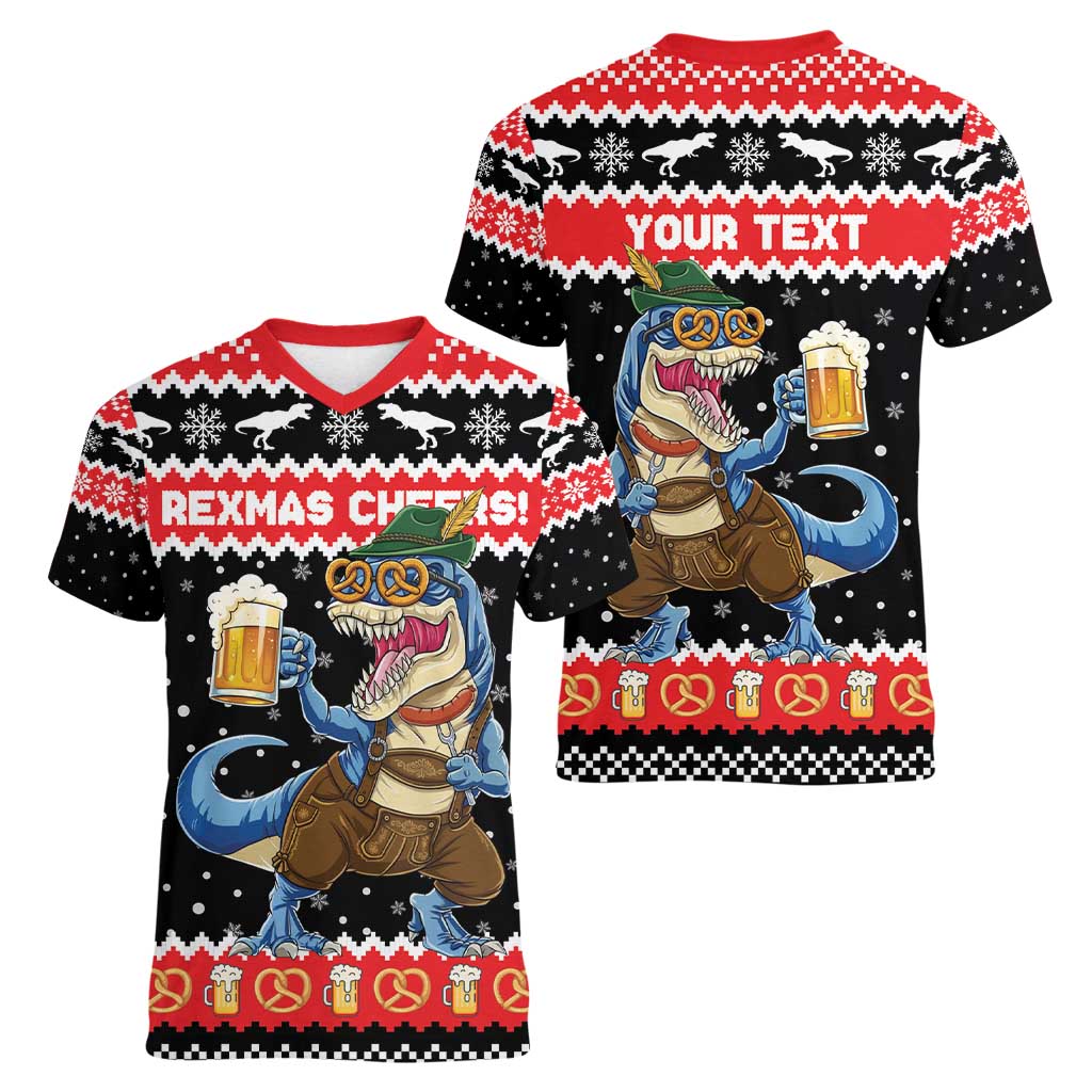 Personalized German T-Rex Christmas Women V-Neck T-Shirt Funny Beer Dinosaur Xmas - Wonder Print Shop