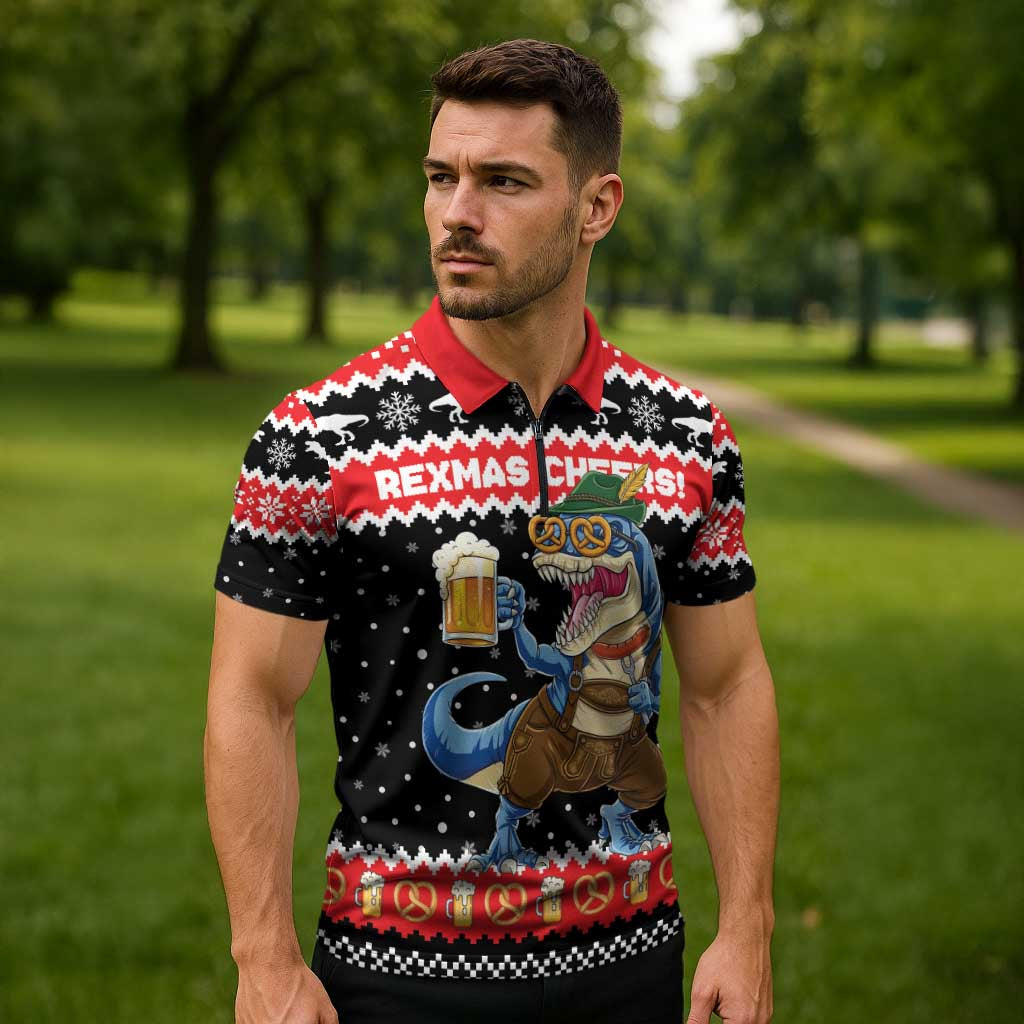 Personalized German T-Rex Christmas Zipper Polo Shirt Funny Beer Dinosaur Xmas - Wonder Print Shop