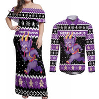 Personalized German Krampus Christmas Couples Matching Off Shoulder Maxi Dress and Long Sleeve Button Shirt German Christmas Legend - Wonder Print Shop
