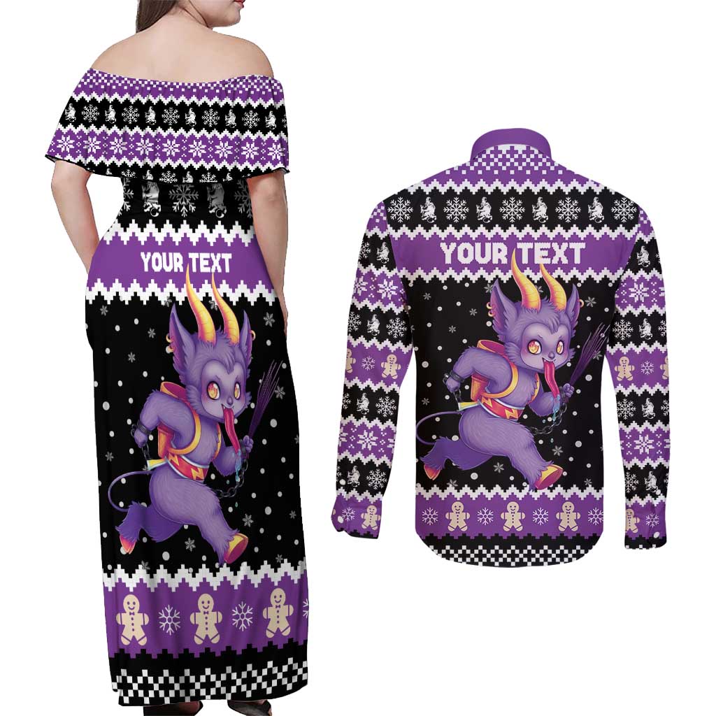 Personalized German Krampus Christmas Couples Matching Off Shoulder Maxi Dress and Long Sleeve Button Shirt German Christmas Legend - Wonder Print Shop