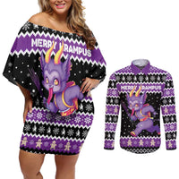 Personalized German Krampus Christmas Couples Matching Off Shoulder Short Dress and Long Sleeve Button Shirt German Christmas Legend - Wonder Print Shop