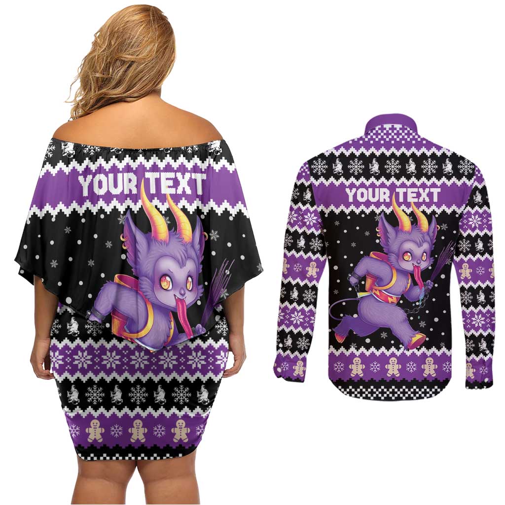 Personalized German Krampus Christmas Couples Matching Off Shoulder Short Dress and Long Sleeve Button Shirt German Christmas Legend - Wonder Print Shop